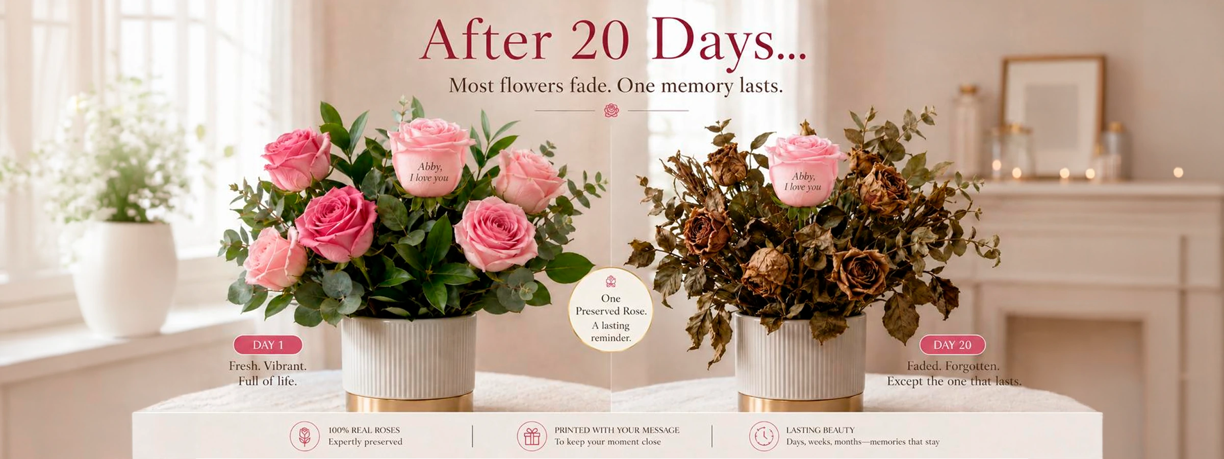 100% real roses preserved to stay beautiful for years, not days