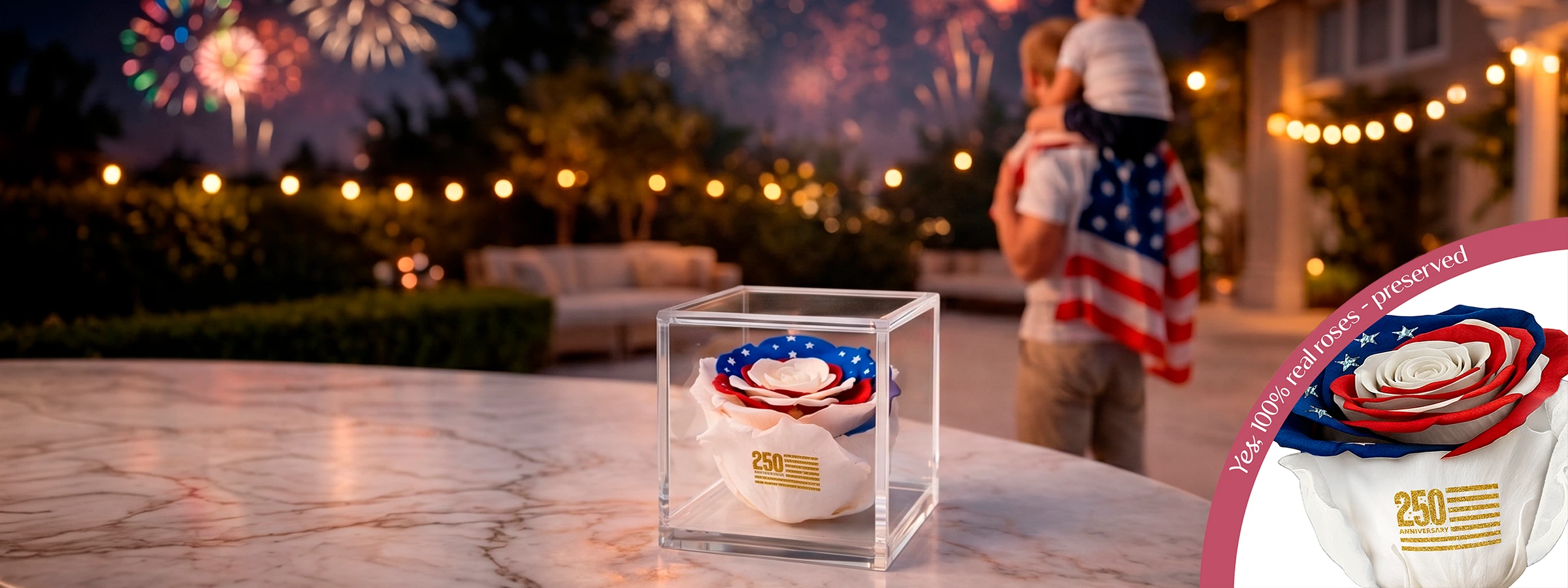 Flags and patriotic tributes personalized on genuine preserved roses