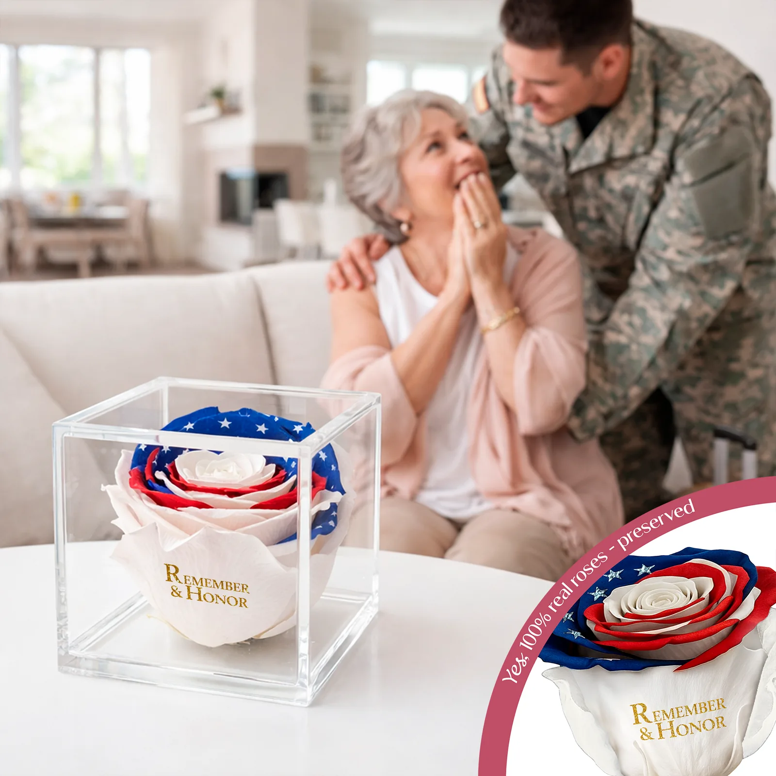 Speaking Rose with custom petal print in a luxury display dome