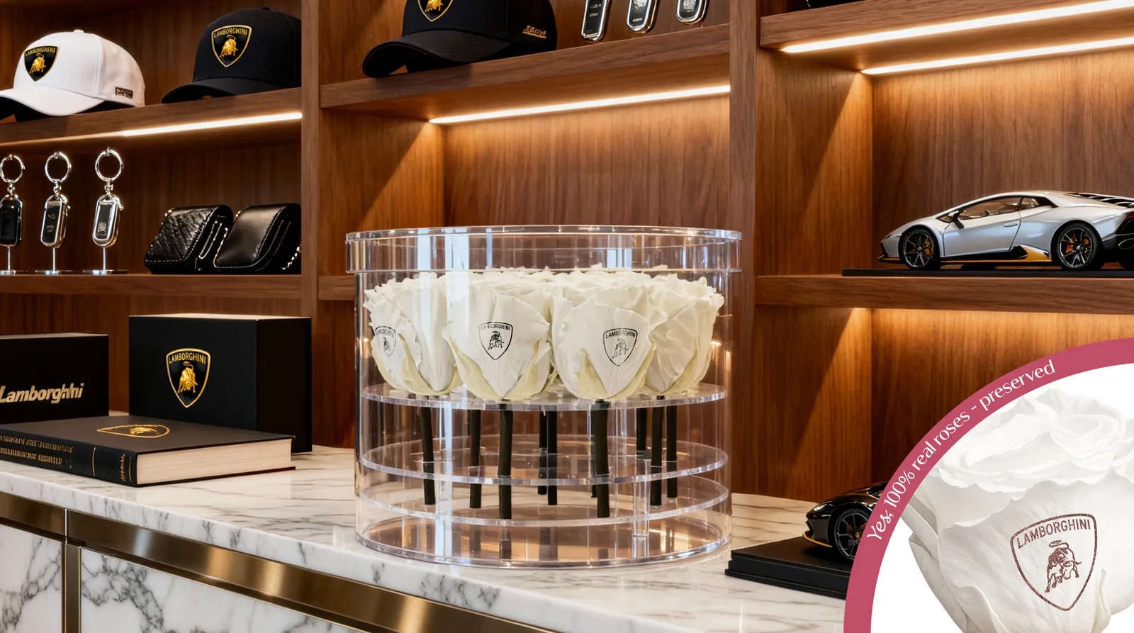 Speaking Roses corporate gift example featuring Lamborghini-branded petal print
